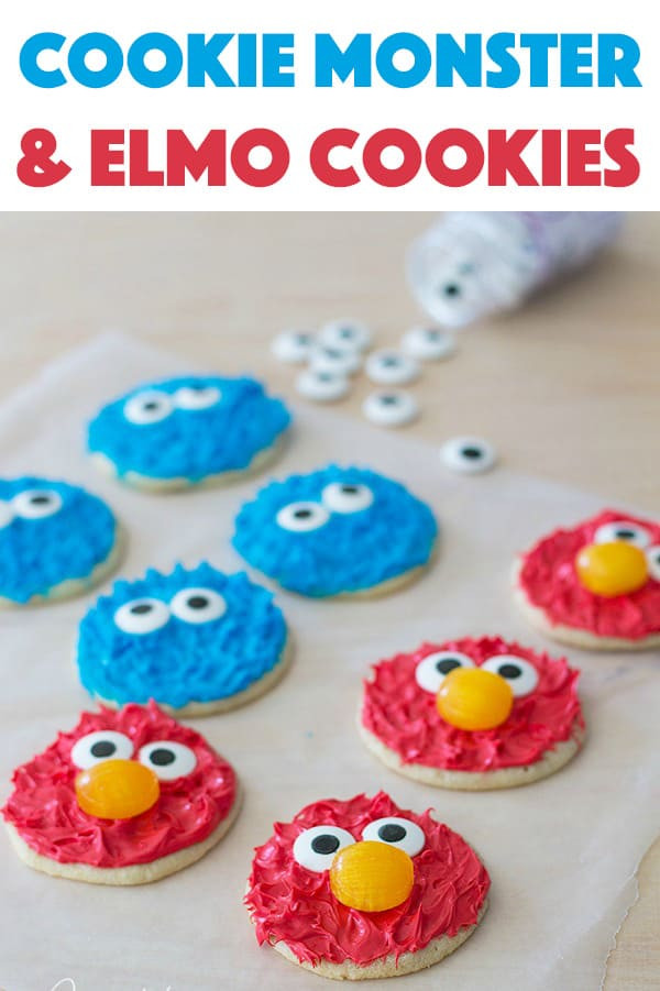 Pinterest pin image for Cookie Monster and Elmo cookies, showcasing the finished decorated cookies.