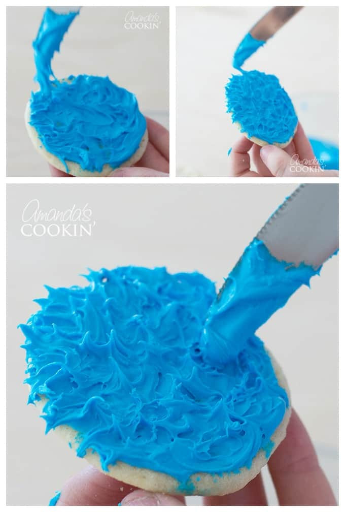 Image showing blue frosting being textured on a cookie to create Cookie Monster's fur.