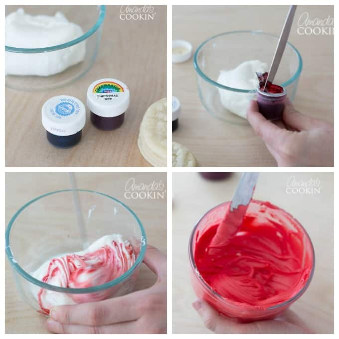 Image showing the process of mixing red gel food coloring into white frosting in a bowl.
