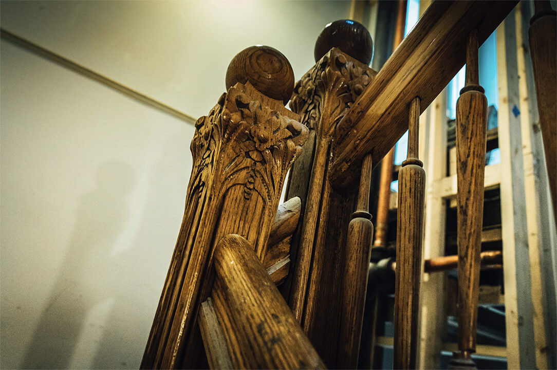 Interior design detail of the hotel lobby showcasing vintage and modern elements