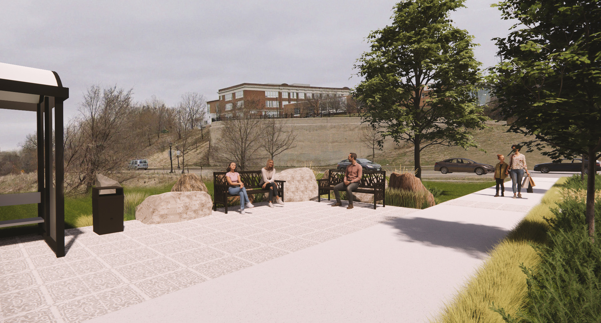 Rendering of Arcade Street and Neid Lane showcasing hardscapes and sidewalk decorations with benches and plantings, with maintenance in mind.
