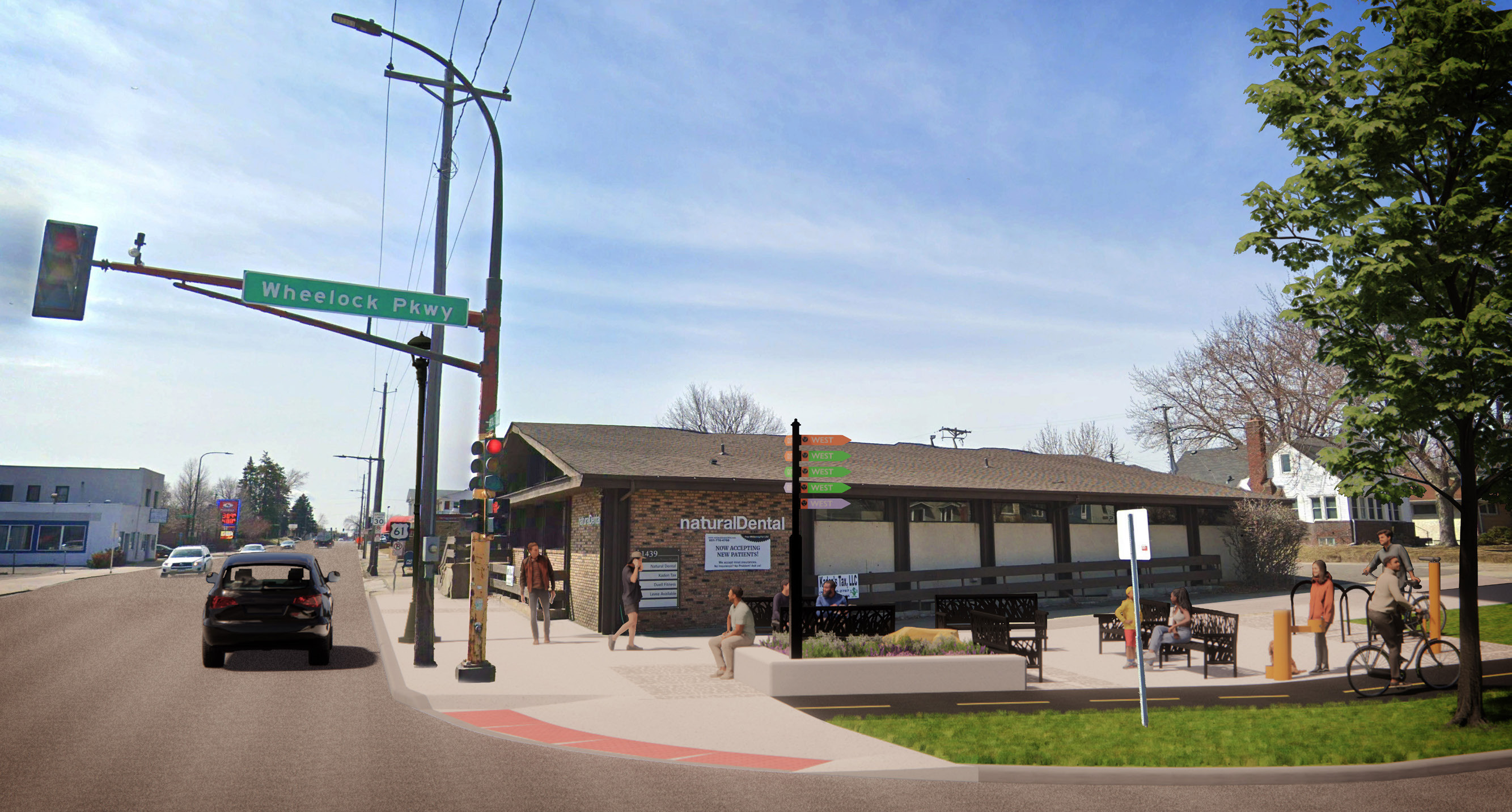 Rendering of Wheelock Parkway and Arcade Street showcasing sidewalks, signals, benches, and a grassy boulevard, considering long-term maintenance.