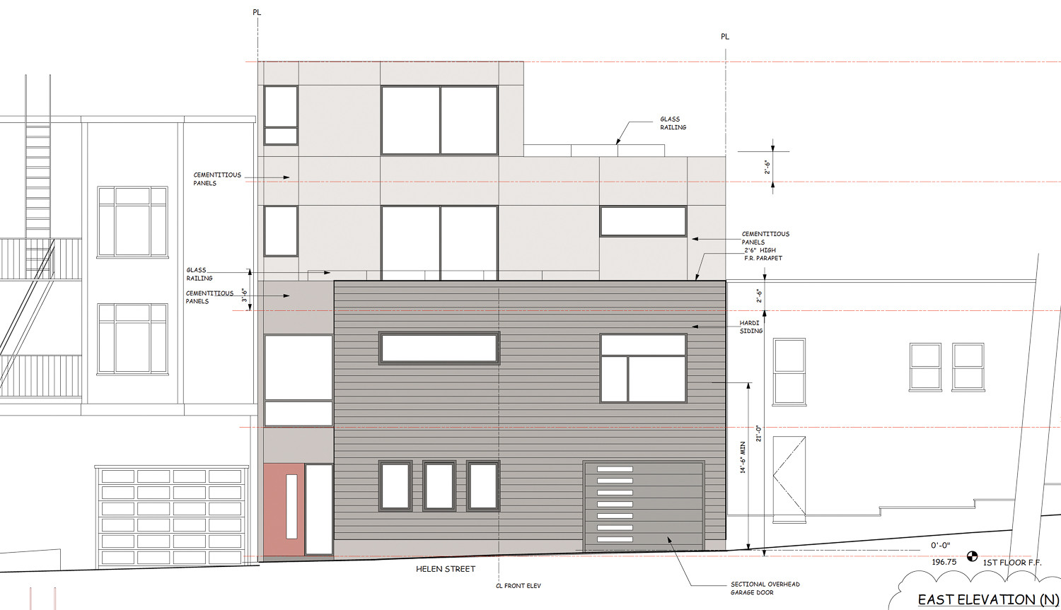 Architectural elevation of the new single-family home at 1 Helen Street, Nob Hill, San Francisco, designed by William Pashelinsky showcasing modern facade and rooftop decks