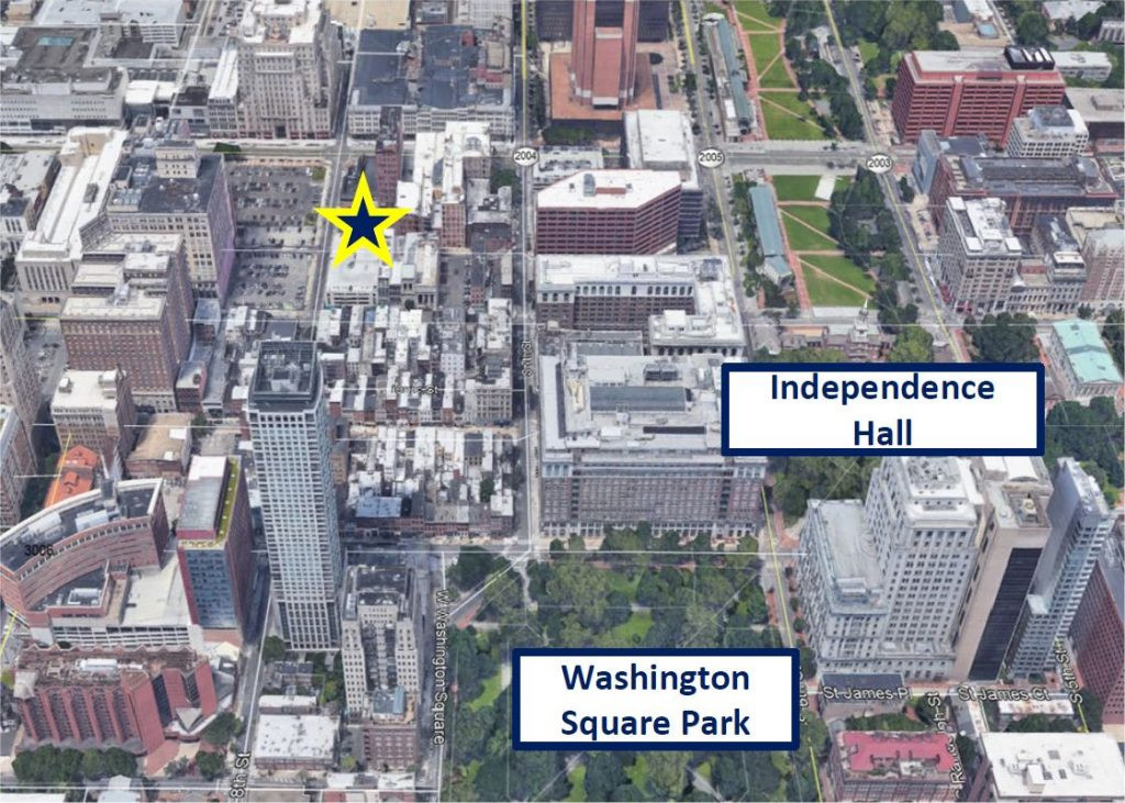 Aerial view of the parking lot at 8th and Market Street, Philadelphia, illustrating its prime location for high-rise development and proximity to the 8th &amp; Market Street Station.