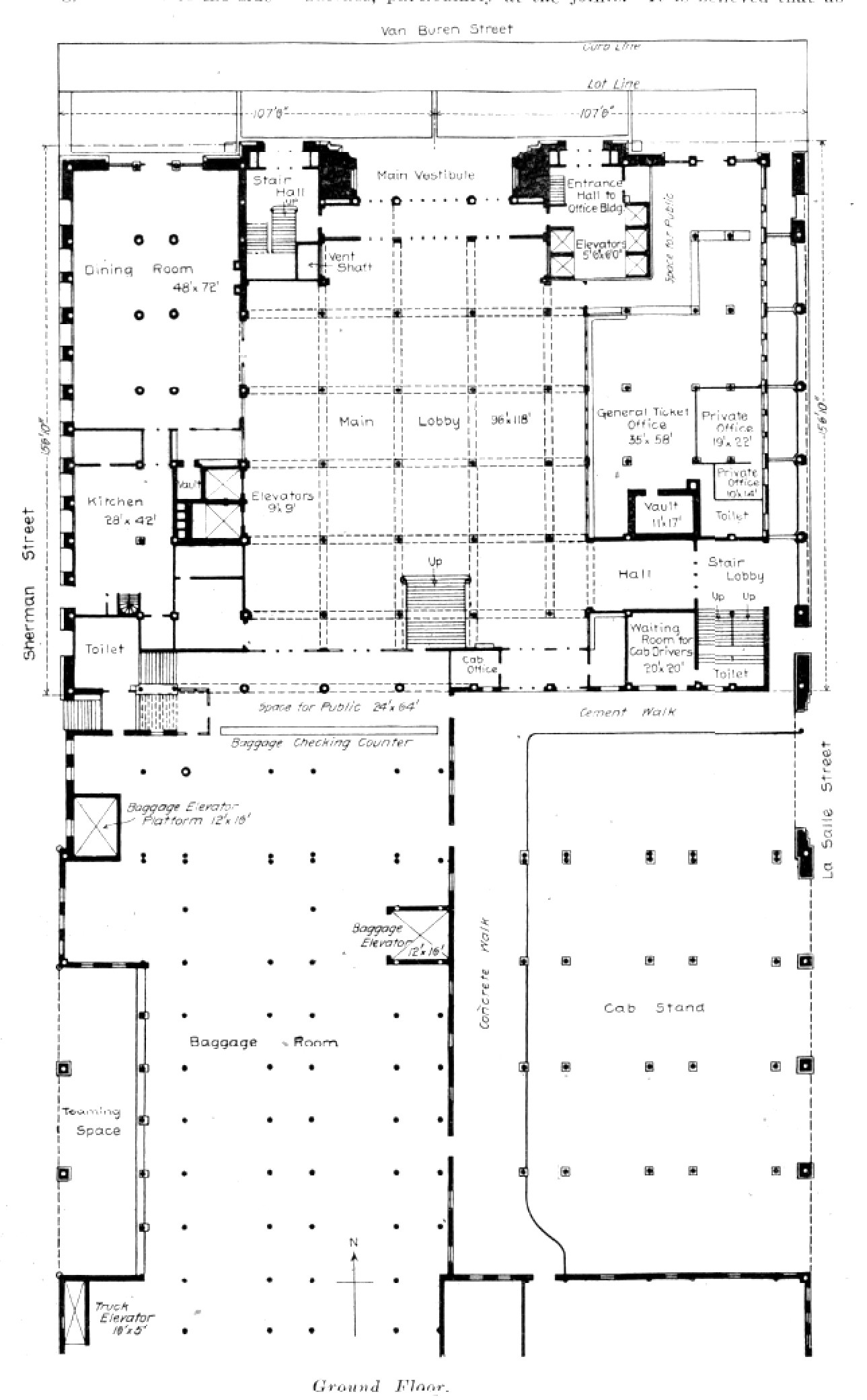 Floor plan of the first (ground) floor of the new Van Buren Street Passenger Station in Chicago.
