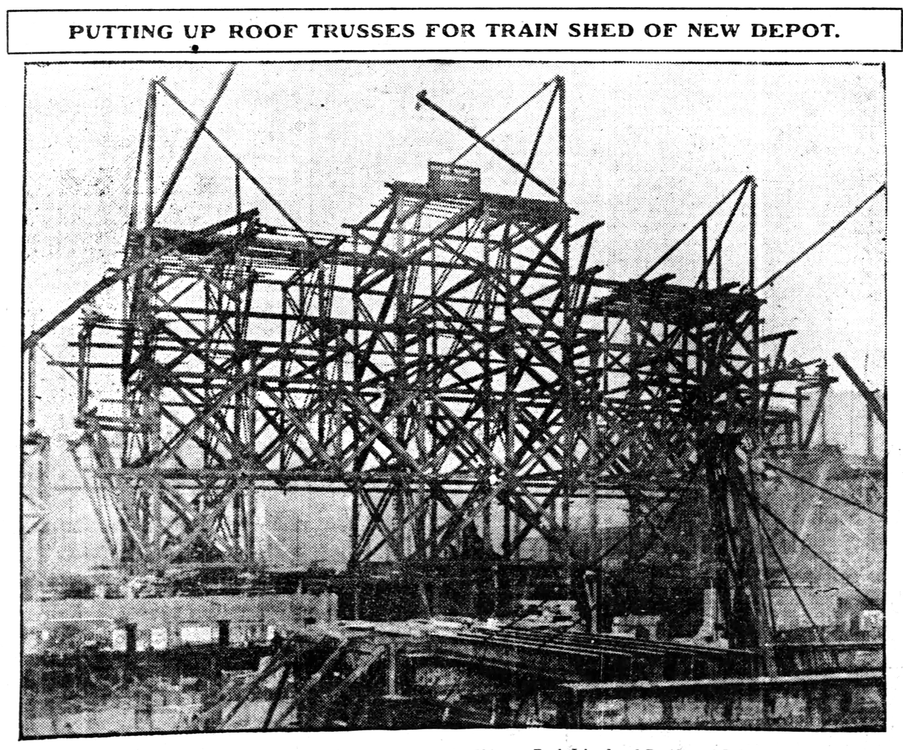 Construction of the roof trusses for the new train shed at La Salle Street Station in 1902.