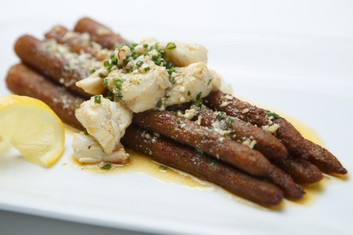 Perry's Signature Fried Asparagus topped with jumbo lump crabmeat at Short Pump Town Center restaurant.