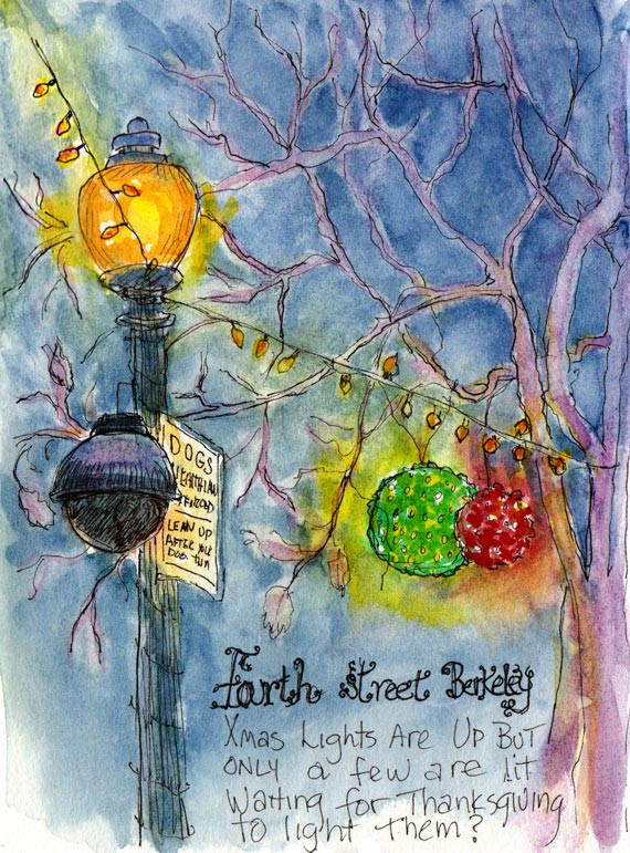 Holiday Lights Partially Lit on 4th Street Berkeley in November