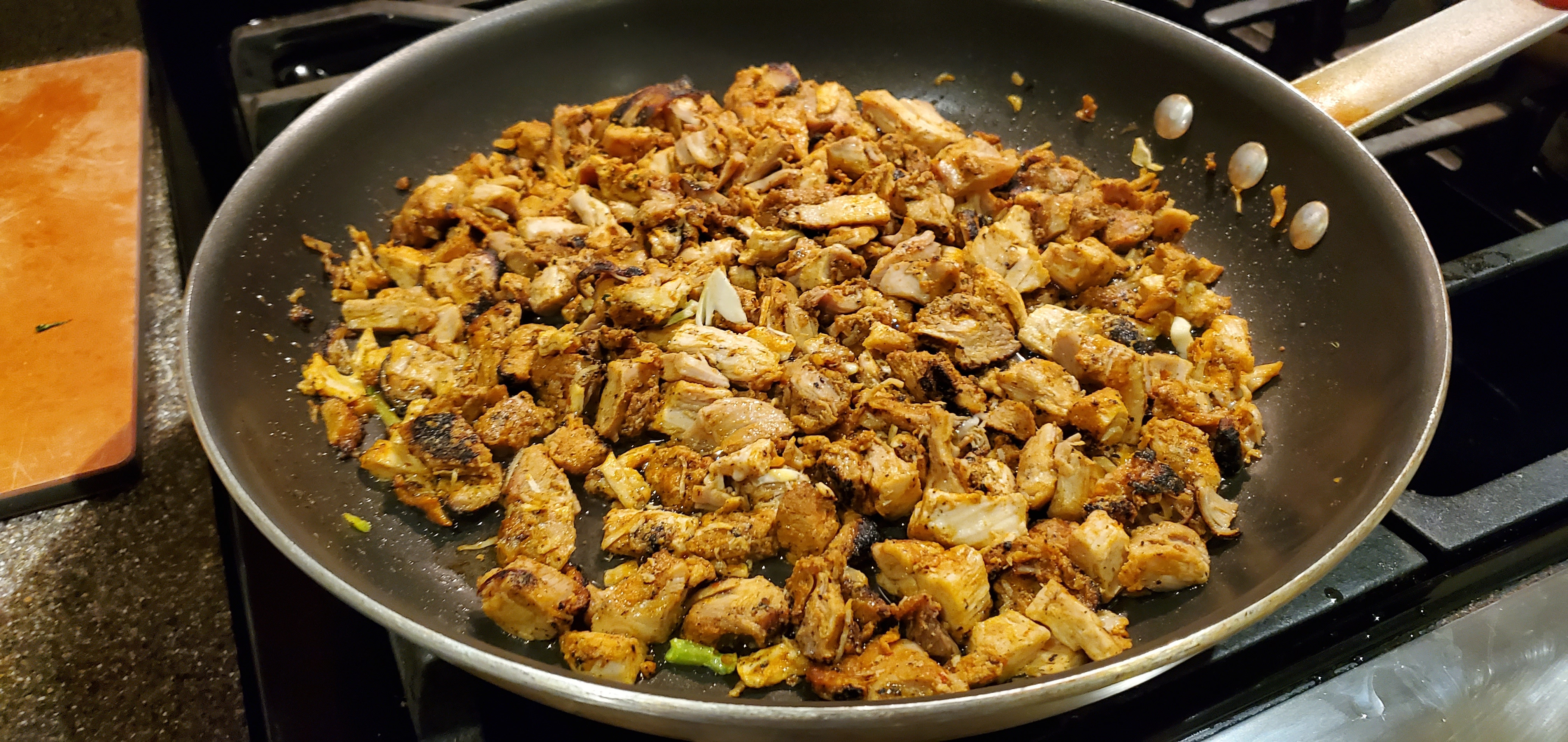 Chicken Cooking in Skillet for Costco Street Tacos