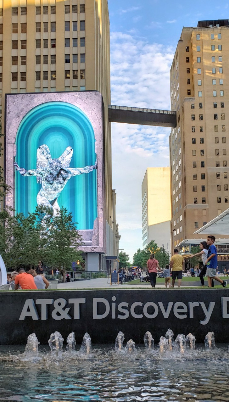 Water features and media wall at the AT&T Discovery District