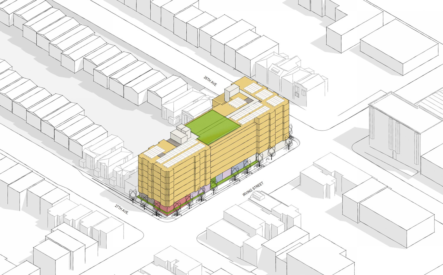 Aerial axonometric illustration of the 2550 Irving Street affordable housing project, providing a top-down view of the building's layout and design.