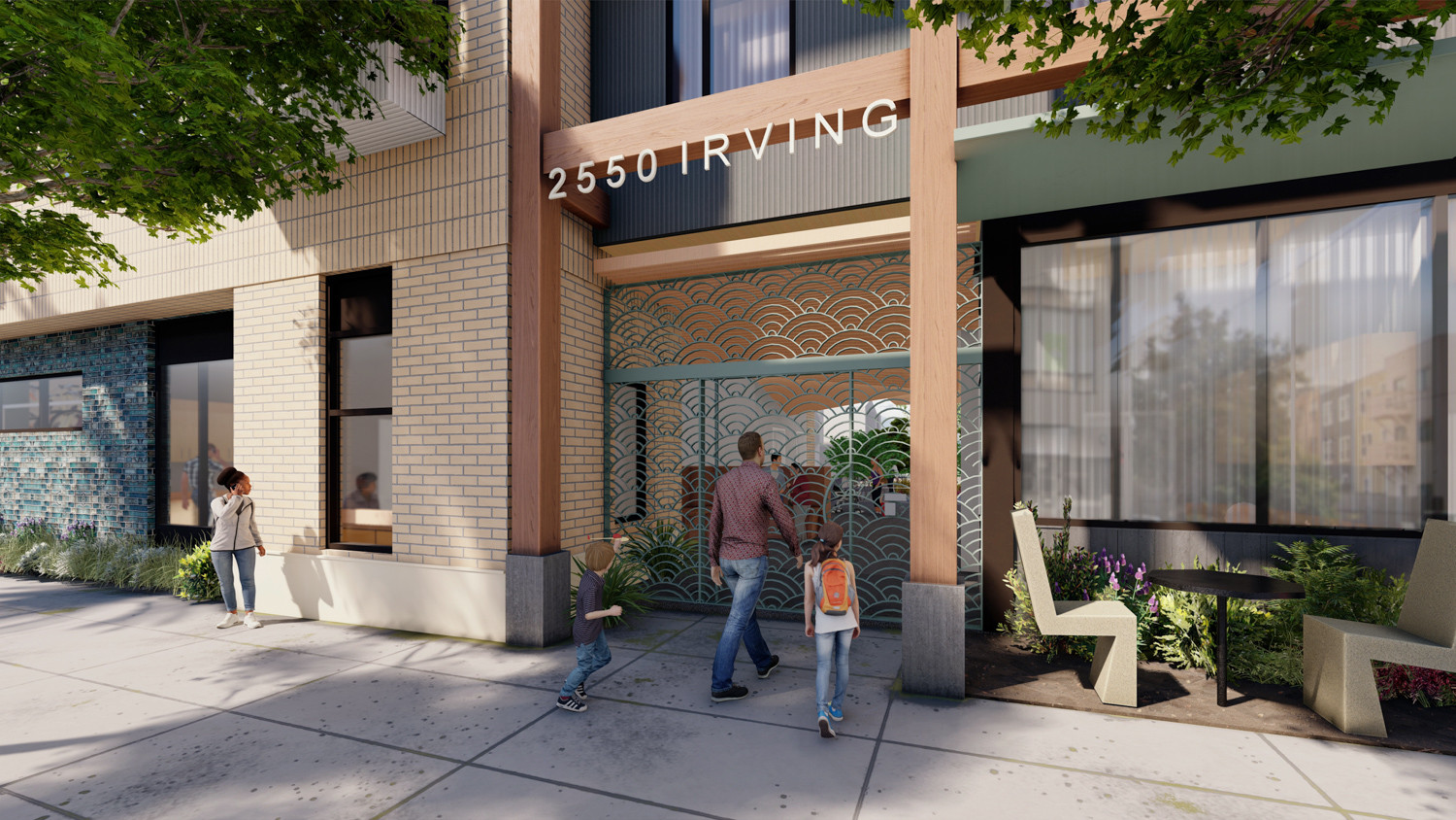Entrance rendering of 2550 Irving Street affordable housing complex on Irving Street in San Francisco, designed by Pyatok Architects.