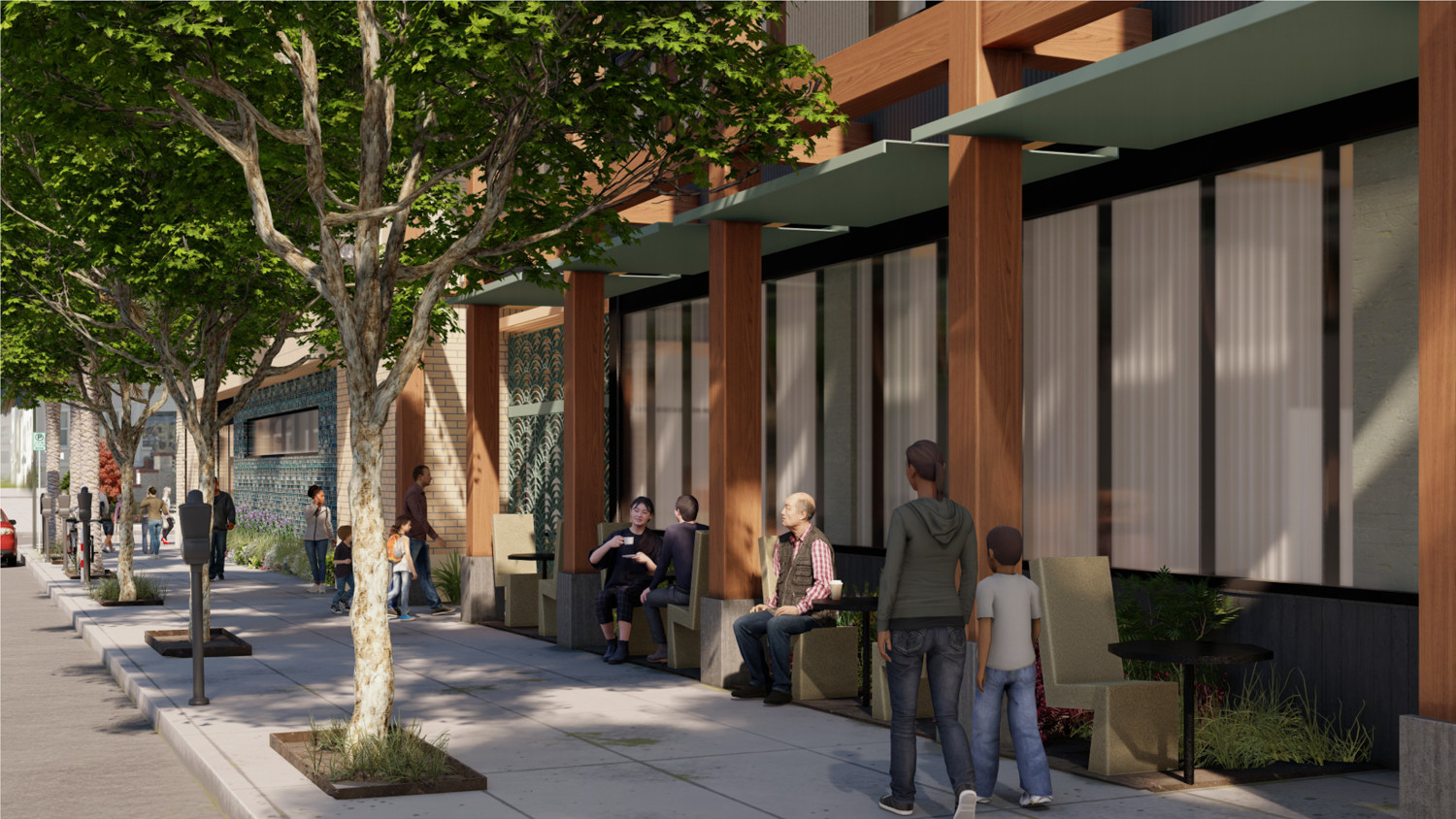 Architectural rendering of the entry portal of the 2550 Irving Street building, highlighting pedestrian access and design elements.
