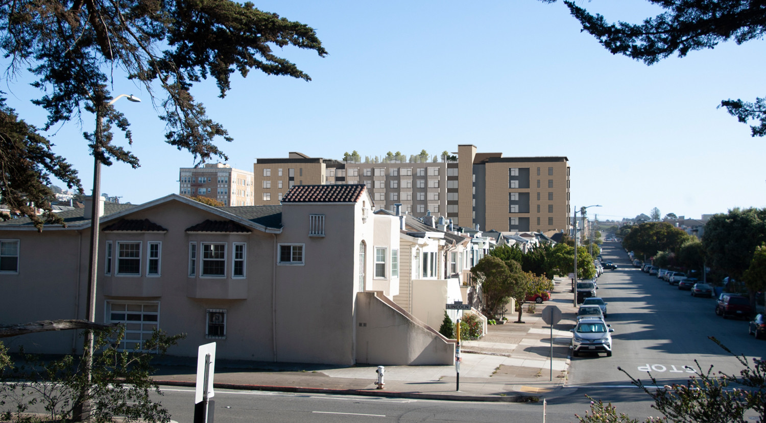 Rendering of 2550 Irving Street affordable housing project in San Francisco's Sunset District, viewed from the intersection of Lincoln and 27th Avenue, designed by Pyatok Architects.