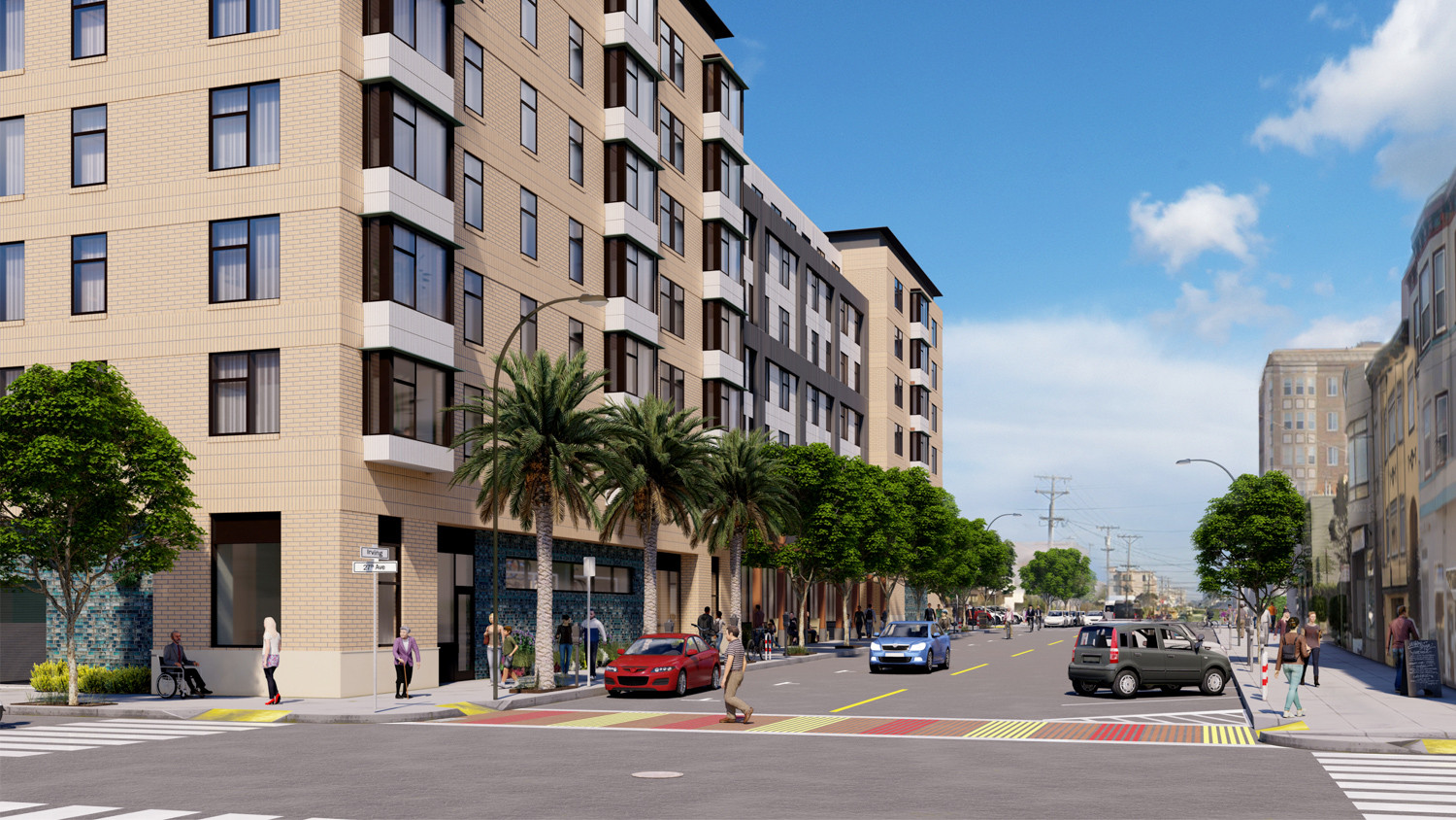 Corner view rendering of the 2550 Irving Street development at the intersection of Irving Street and 27th Avenue in San Francisco, showcasing the building's facade.