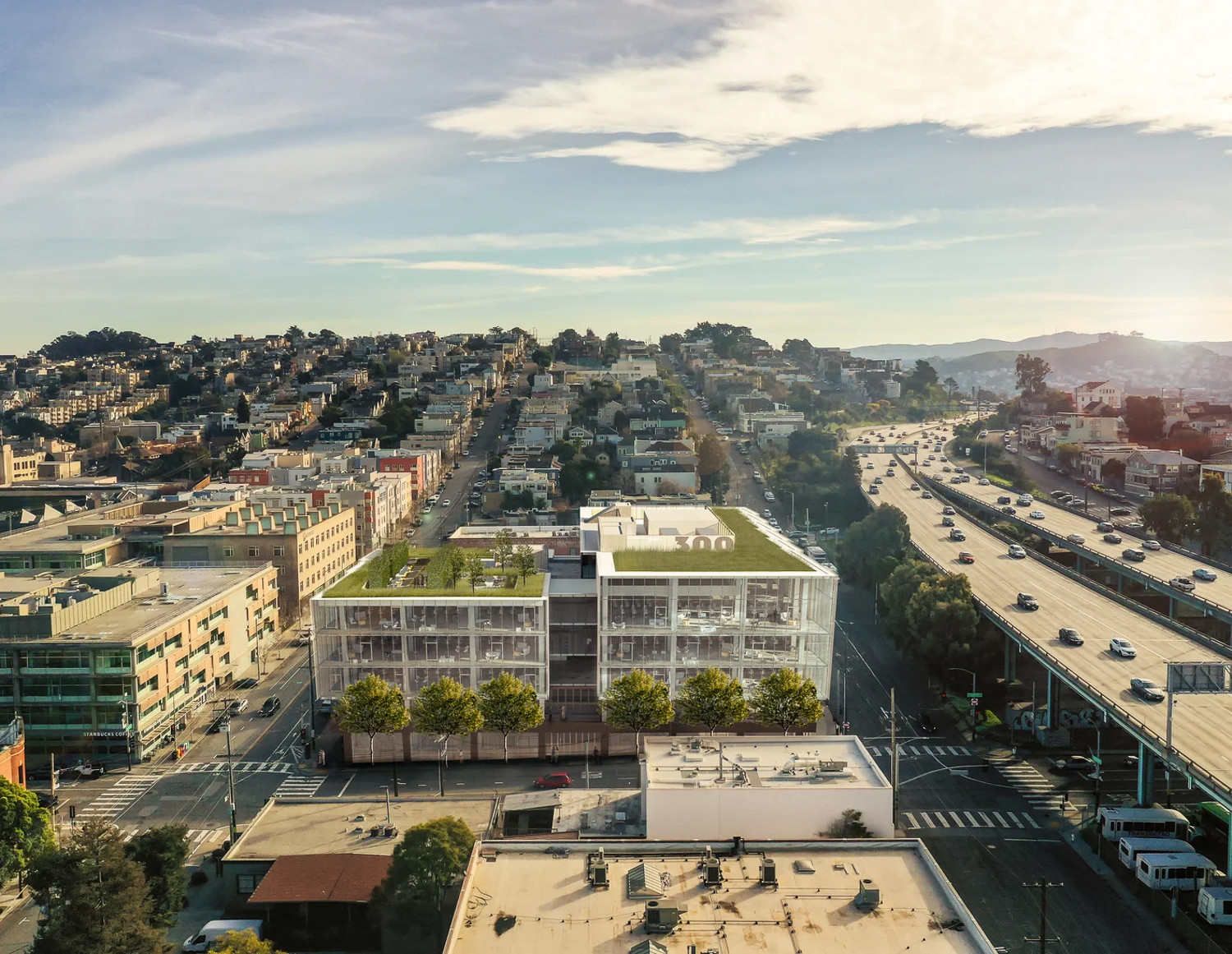 Aerial rendering showcasing the design and scale of 300 Kansas Street in San Francisco