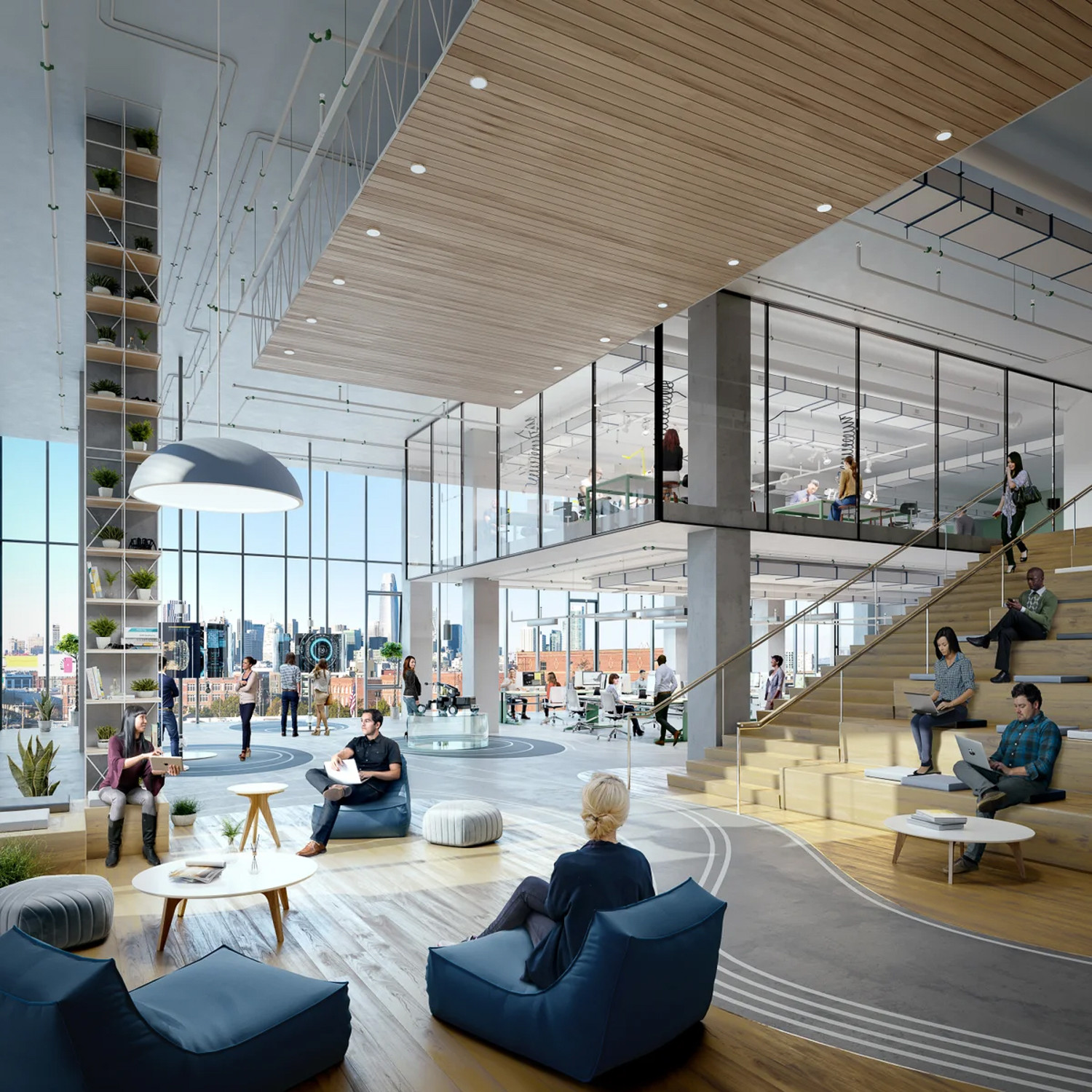 Interior rendering of 300 Kansas Street highlighting the spacious R&amp;D focused workspace