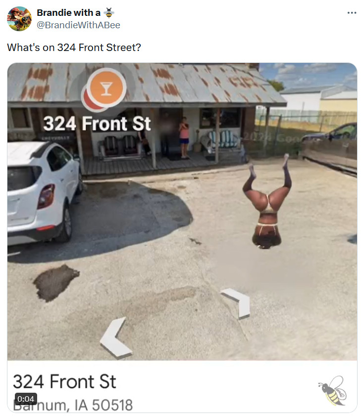 Current Google Maps Street View screenshot of 324 Front St Barnum Iowa with the image blurred.