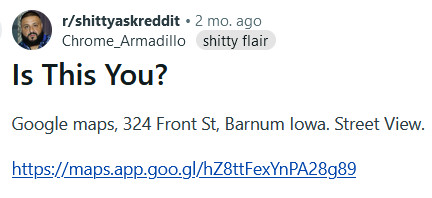Meme image asking &quot;what happened at 324 front st barnum iowa&quot;.