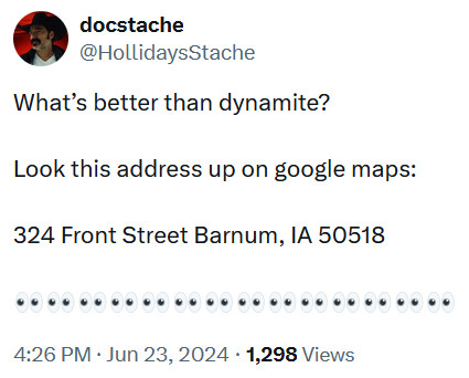 Meme image encouraging people to look up 324 Front St Barnum Iowa.