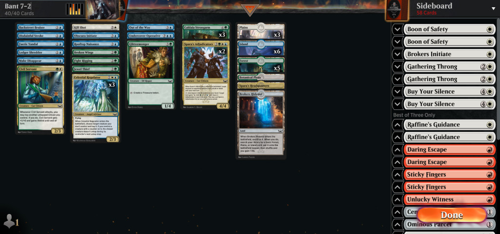 A winning Bant deck composition in Streets of New Capenna Sealed, showcasing a balanced mix of Brokers colors with key cards highlighted.