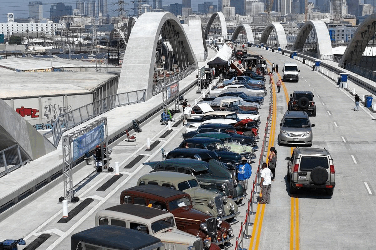 Crowds celebrate the grand opening of the Sixth Street Viaduct in Los Angeles, July 2022