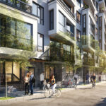 Sidewalk scene rendering for 400 Divisadero Street apartment complex by BDE Architecture, showcasing pedestrian activity