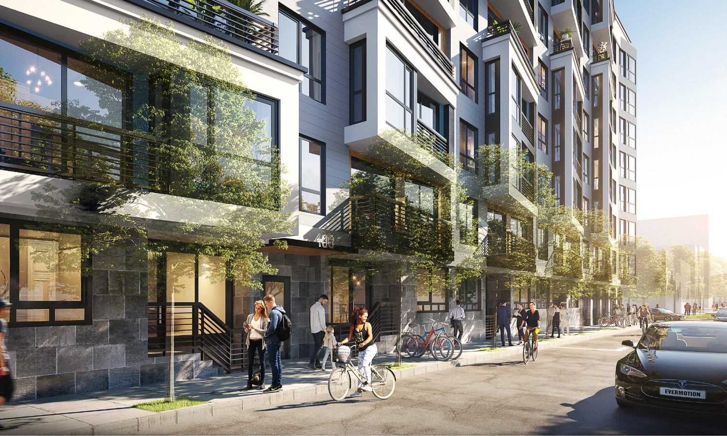 Sidewalk scene rendering for 400 Divisadero Street apartment complex by BDE Architecture, showcasing pedestrian activity