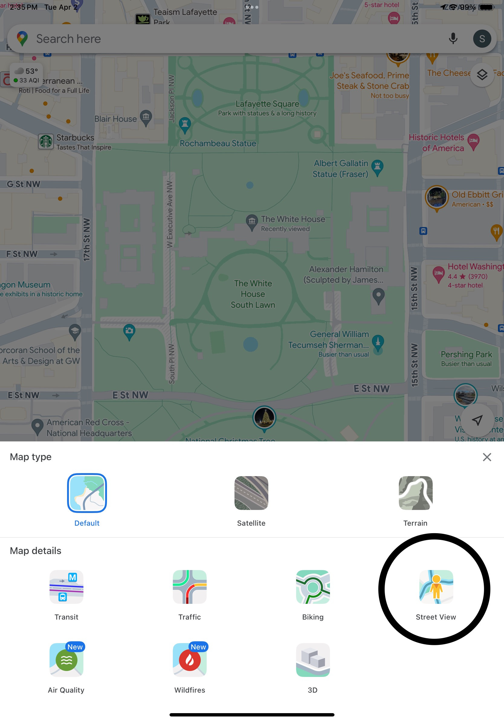 Street View layer option within Layers menu in Google Maps