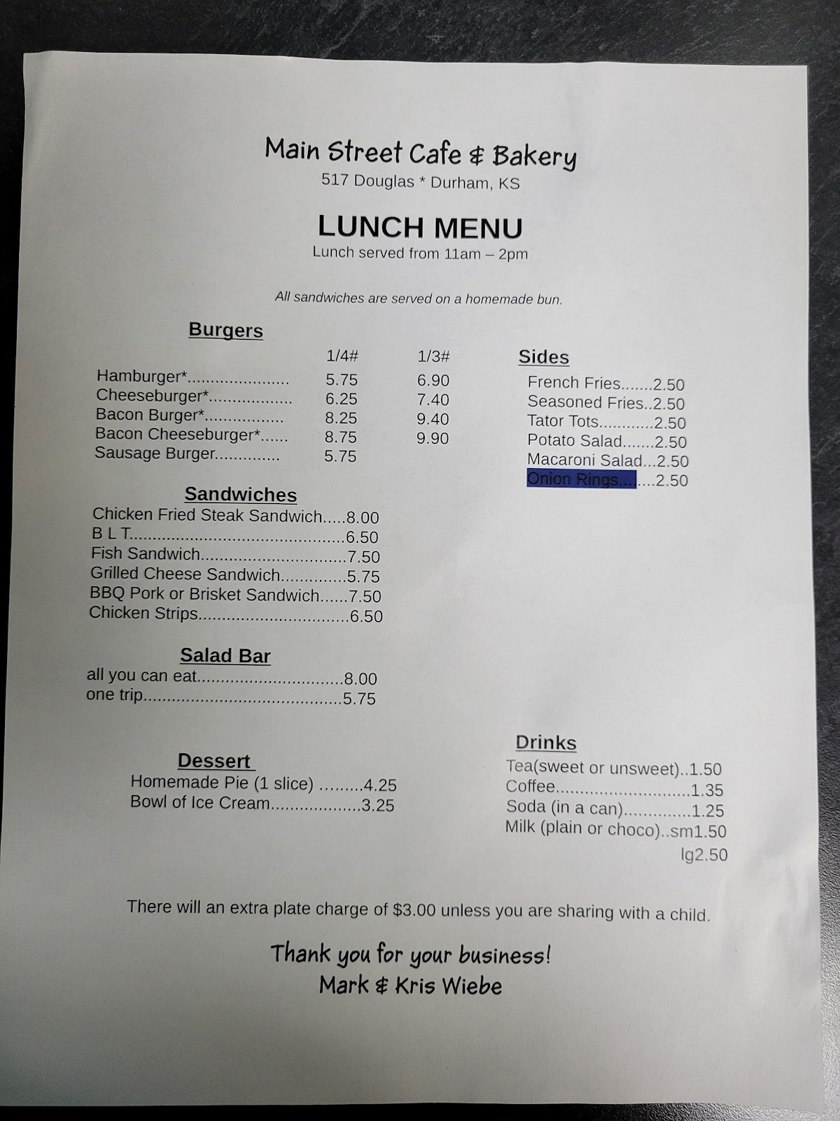 Another image from Main Street Cafe &amp; Bakery's Facebook page, featuring their menu with breakfast items, sides, and drink options.