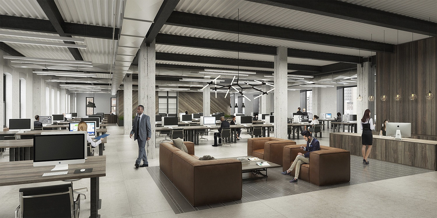 Typical plan for floors 6 and 7 within the glass and steel addition of 520 West 20th Street, New York, highlighting open and flexible office layouts.