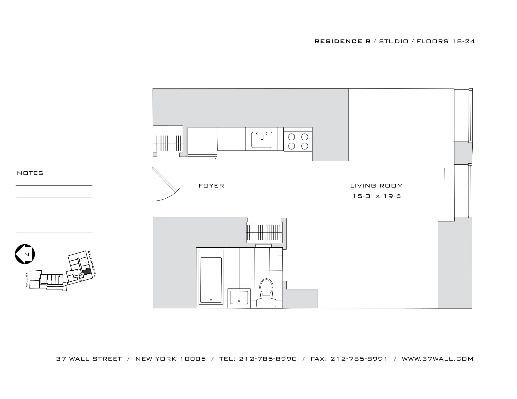 Studio apartment interior showcasing open layout at 37 Wall Street rental building in downtown Manhattan