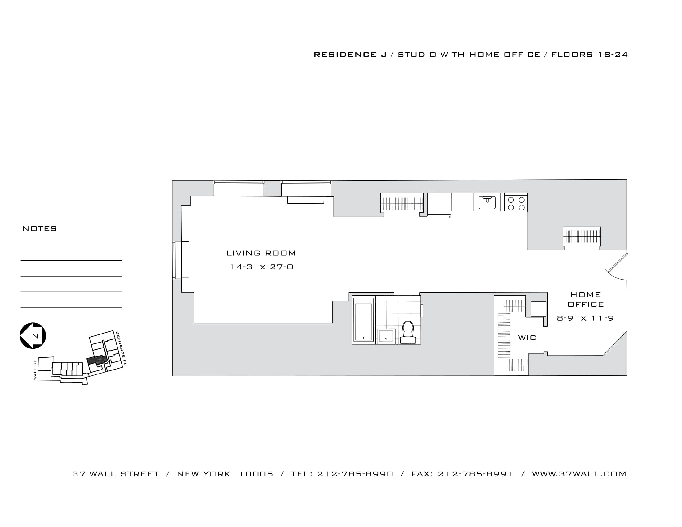 Modern kitchen and living area in Unit 19J, a Jr 1 Bedroom apartment at 37 Wall Street, NYC