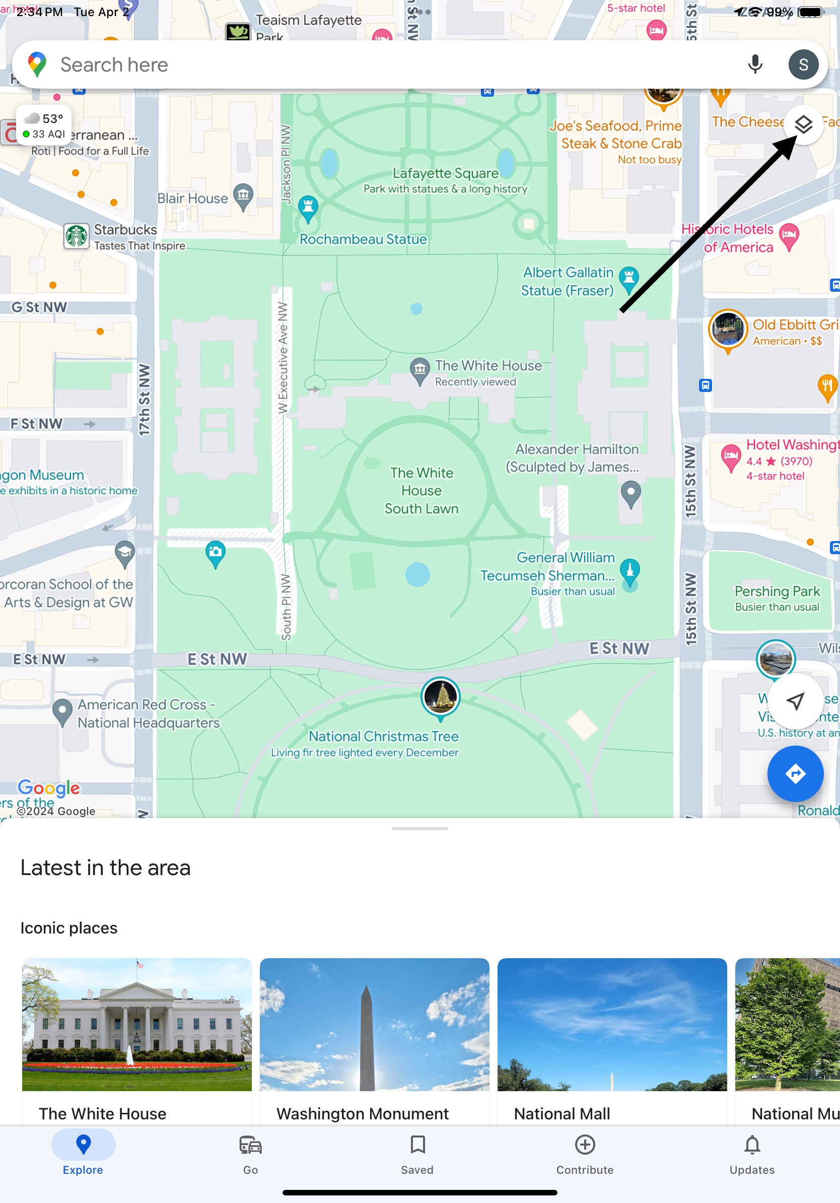 Layers button location in Google Maps