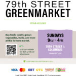West 79th Street Greenmarket flyer in English, promoting year-round market at Columbus Ave, Sundays 9am-4pm, with GrowNYC and SNAP/EBT & Health Bucks accepted logos