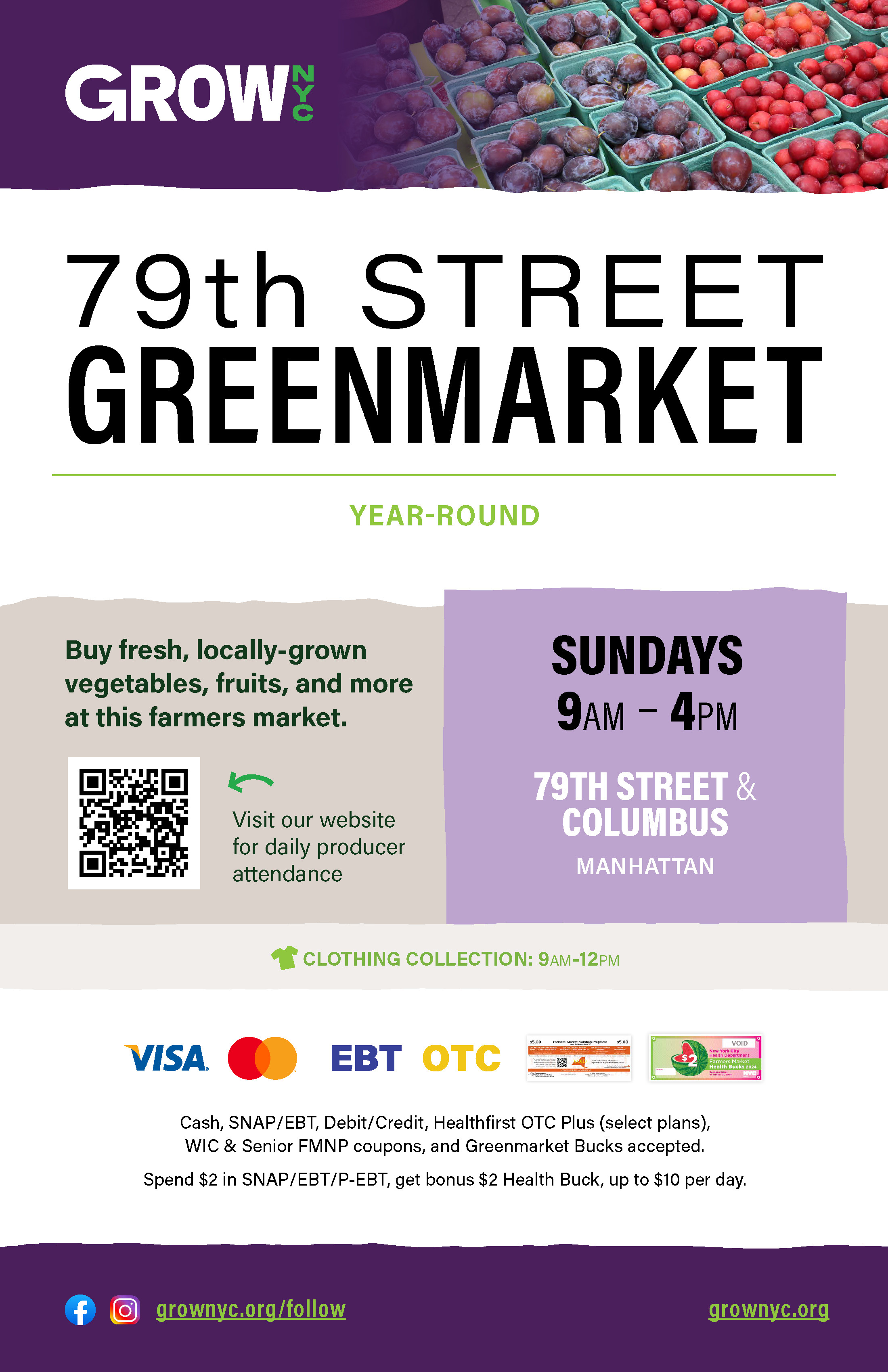 West 79th Street Greenmarket flyer in English, promoting year-round market at Columbus Ave, Sundays 9am-4pm, with GrowNYC and SNAP/EBT & Health Bucks accepted logos