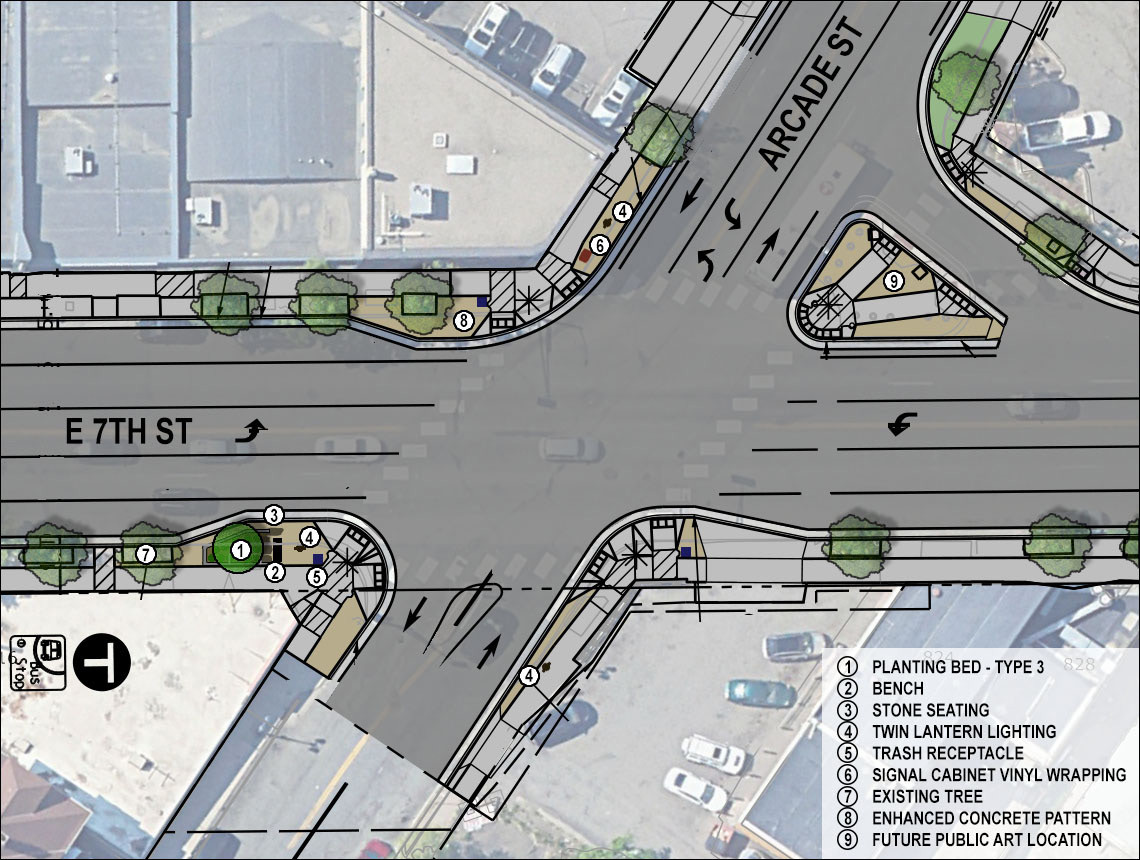 Drawing of the East 7th and Arcade intersection showing potential plantings and updated road features.
