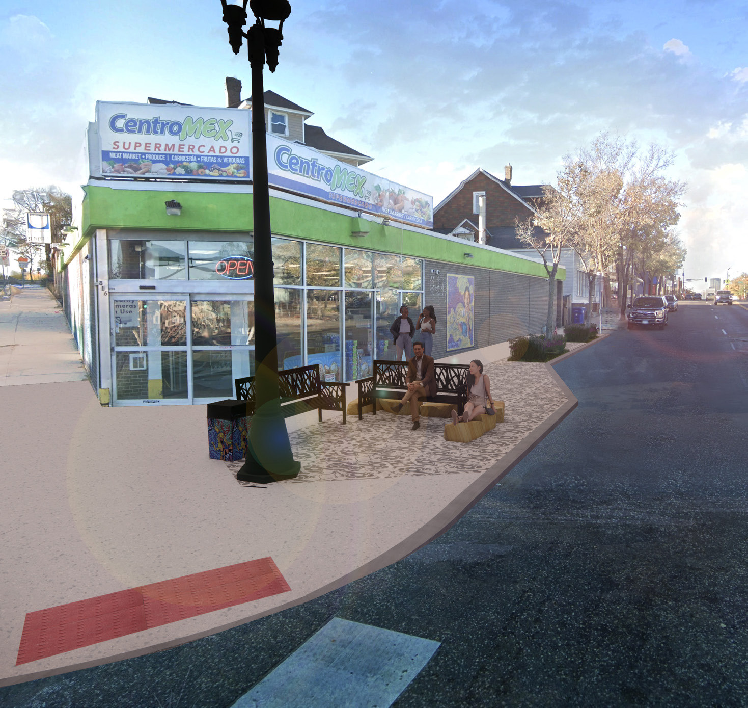Conceptual rendering of the corner of East 7th and Arcade showcasing enhanced lighting, benches, plantings, and decorative sidewalks.