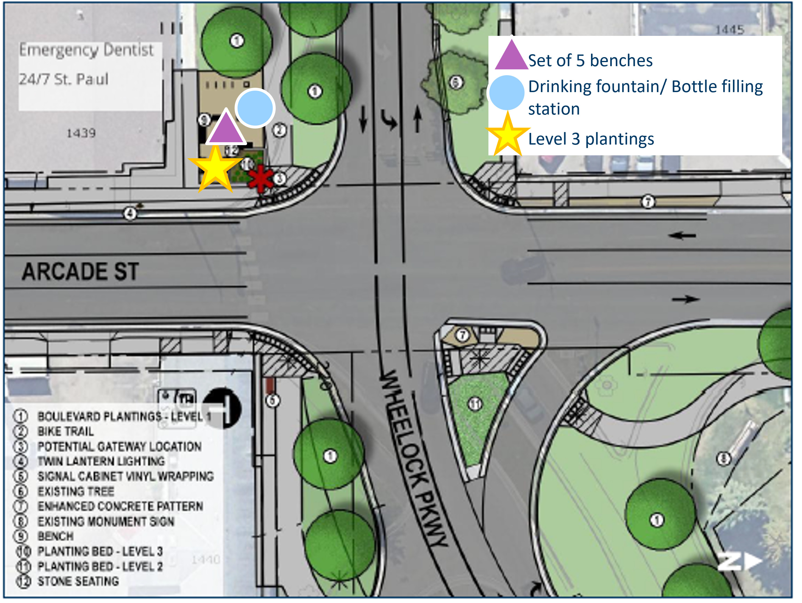 Rendering of the Arcade Street and Wheelock Parkway intersection, outlining areas for benches, a drinking fountain/bottle filling station, and plantings.