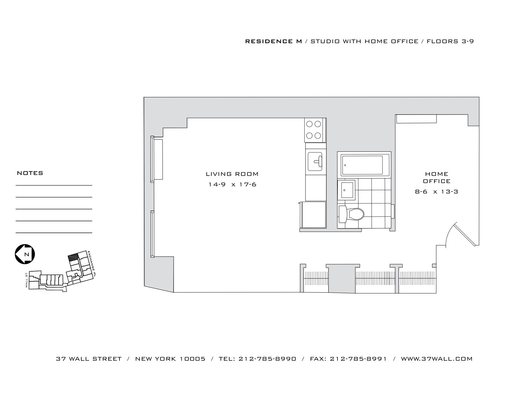 Living room interior of Unit 8M at 37 Wall Street apartment building in Financial District Manhattan
