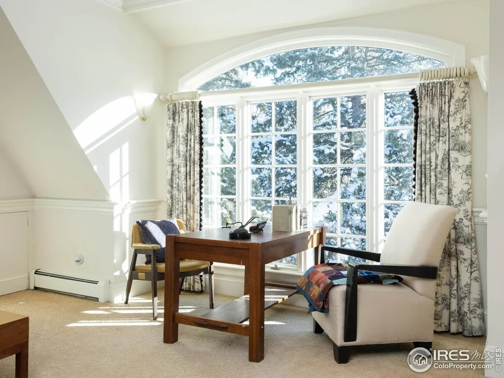 Primary bedroom suite at 749 15th Street Boulder Colorado, featuring a fireplace and large windows