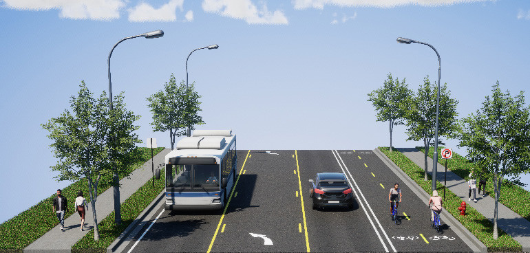 Road view of East 7th Street showcasing design elements like bike lanes, bus lanes, turn lanes, and a pedestrian trail.