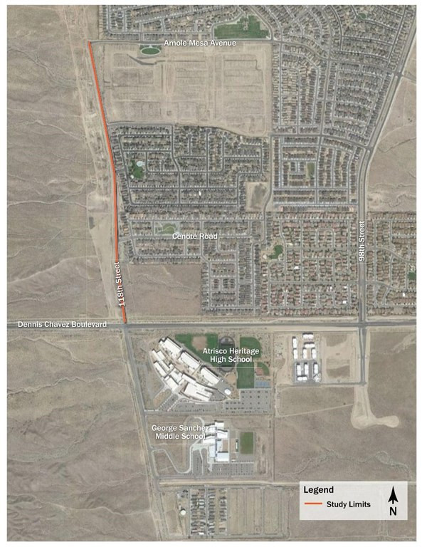 Aerial view of 118th Street in Albuquerque, highlighting the surrounding residential areas and mesa, with emphasis on the planned improvement zone between Dennis Chavez Blvd SW and Amole Mesa Ave SW, showcasing the need for enhanced pedestrian and cyclist infrastructure.