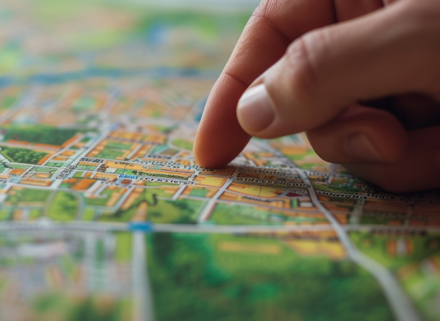 Finger pointing at a territory map, representing the opportunity to expand your Street Corner franchise business across a protected geographic street corner territory.