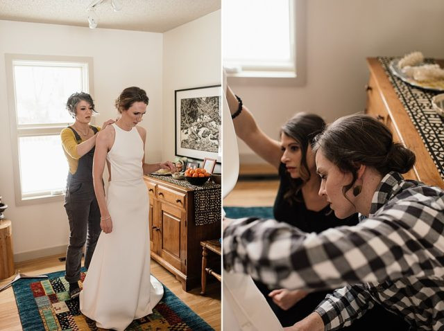 Bride getting ready at home, surrounded by bridesmaids in Anchorage before her King Street Brewing wedding