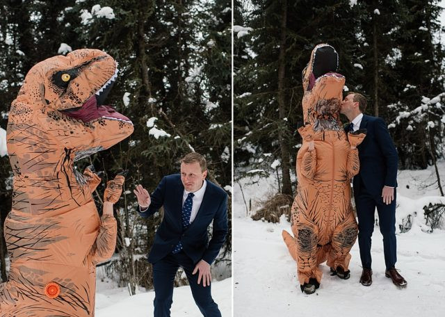 Full shot of bride in T-Rex costume during humorous first look at her Anchorage wedding