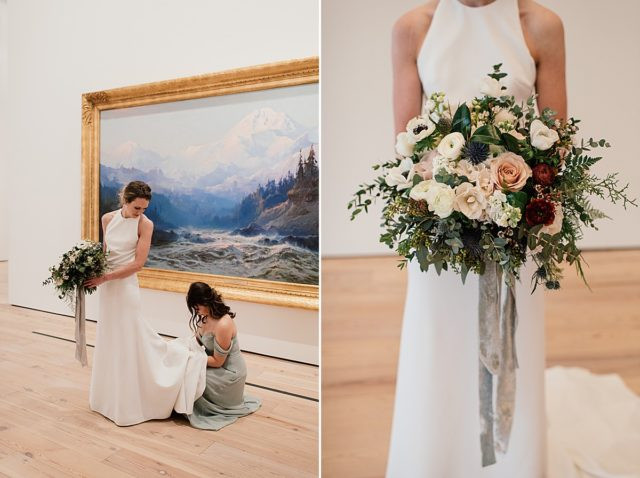 Bride and groom portrait inside Anchorage Museum, highlighting modern wedding photography