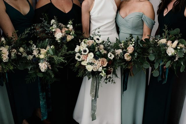 Close-up of wedding bouquet by Anchorage florist, Bloomsbury Blooms, at King Street Brewing