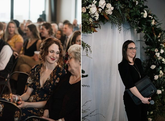 Candid moment of guests at Anchorage wedding, captured by wedding photographer at King Street Brewing