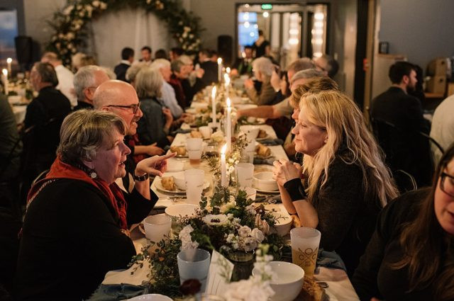 Atmosphere of Anchorage wedding reception at King Street Brewing, candlelit ambiance